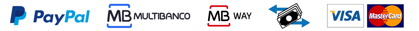 Pagamento Paypal, Multibanco, MB Way, Transferência Bancária, Visa e Mastercard